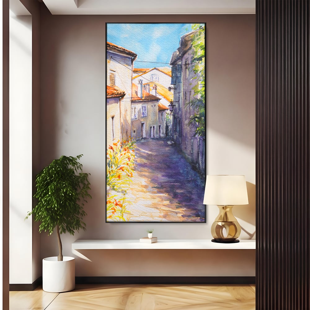 Tablou canvas cu pictura acuarela straduta insorita, in rama de aluminiu negru